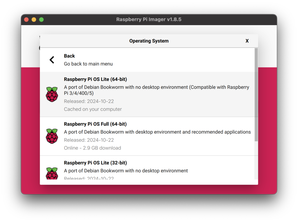 Raspberry Pi Imager - Raspberry Pi OS Lite (64-bit)