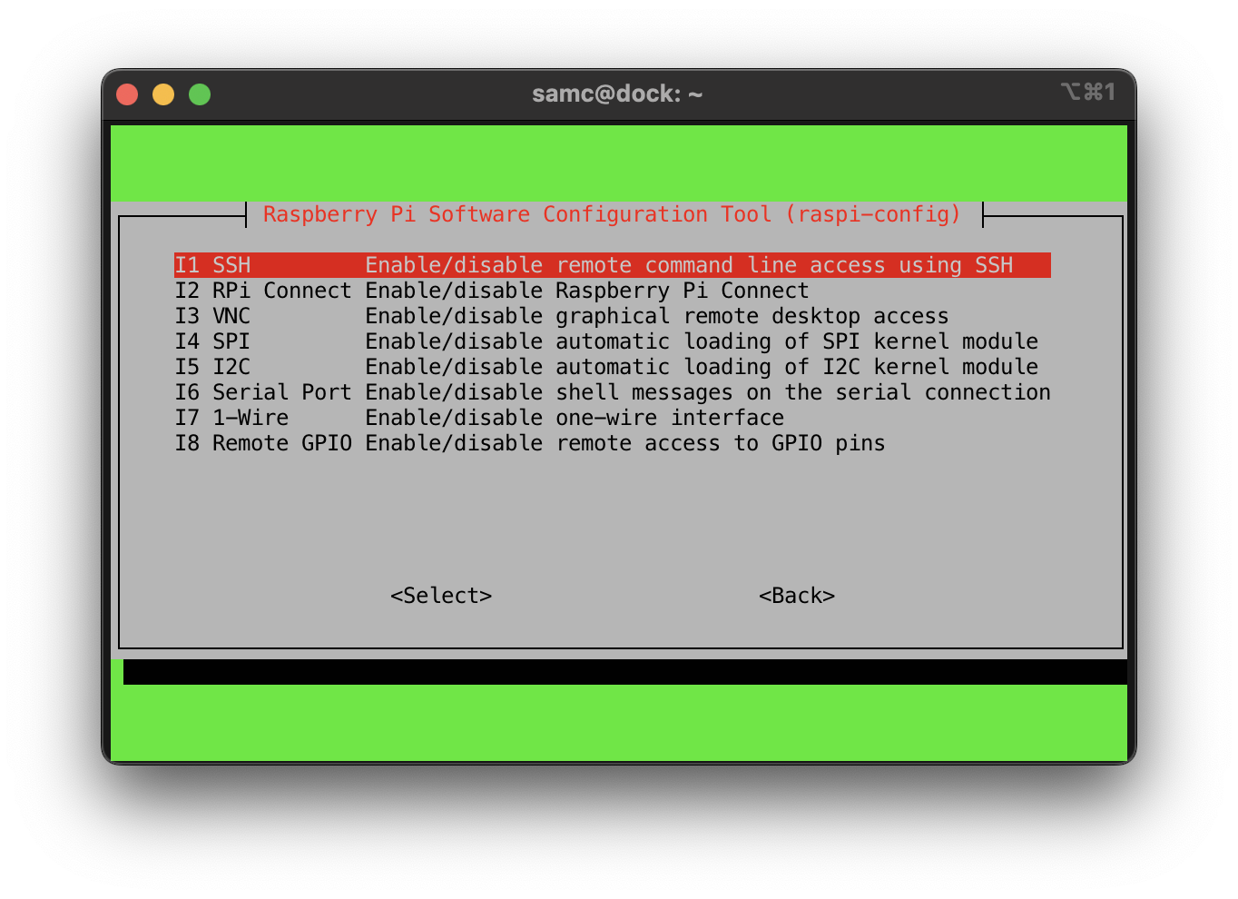Raspberry Pi OS program 'raspi-config' displaying the menu items to select to enable SSH.